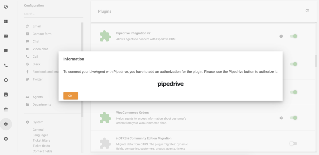Fă clic pe pictograma PipeDrive pentru a continua cu integrarea PipeDrive pentru LiveAgent