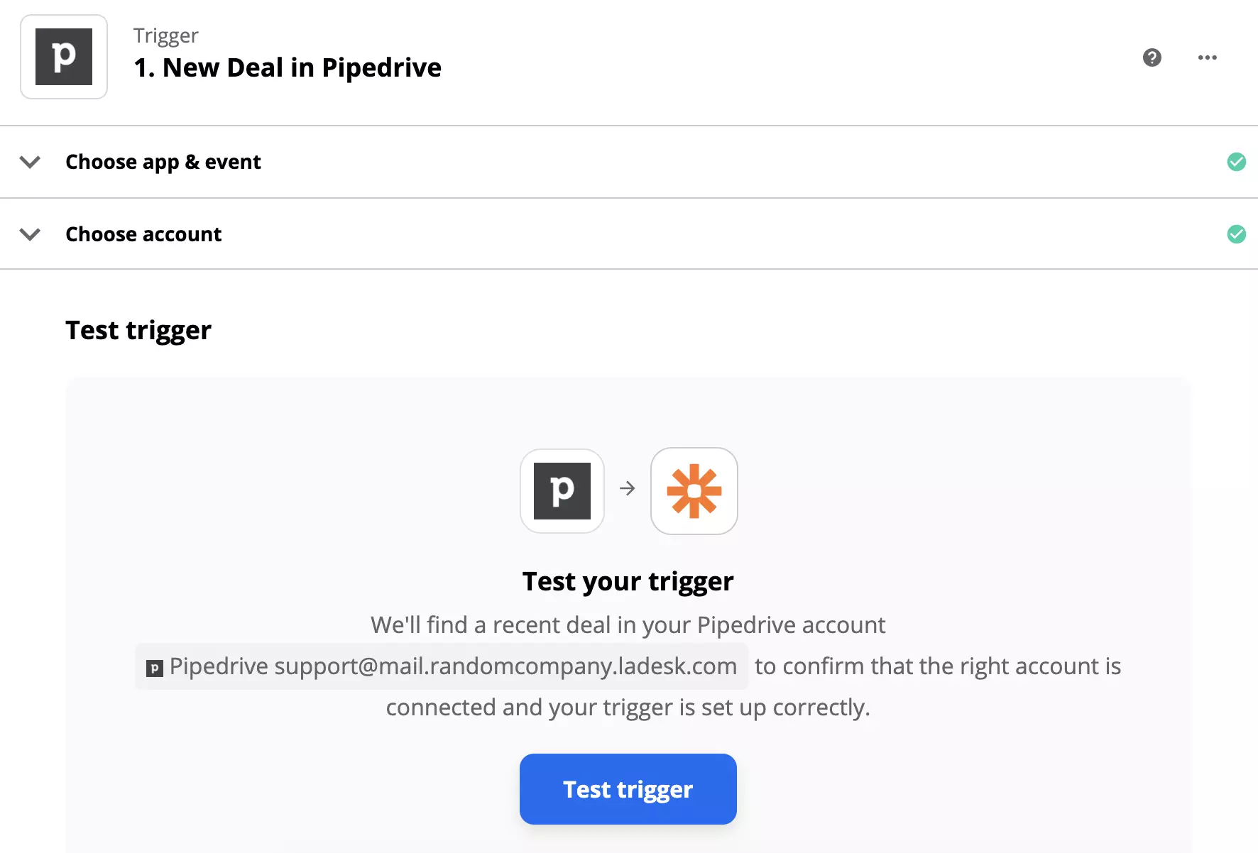 Test declanșator PipeDrive după configurarea declanșatorului pe Zapier