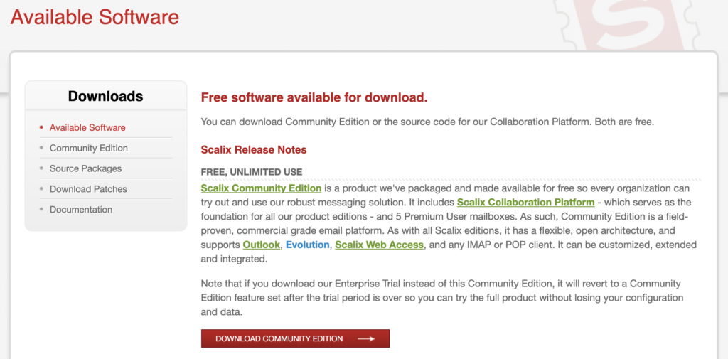 Site-ul Scalix cu descărcări disponibile și informații despre ediție