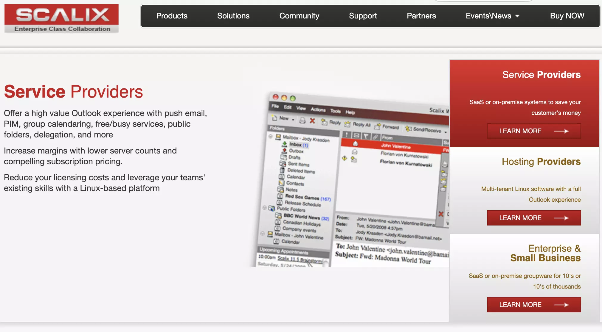Pagina de pornire Scalix cu caracteristici și informații enumerate