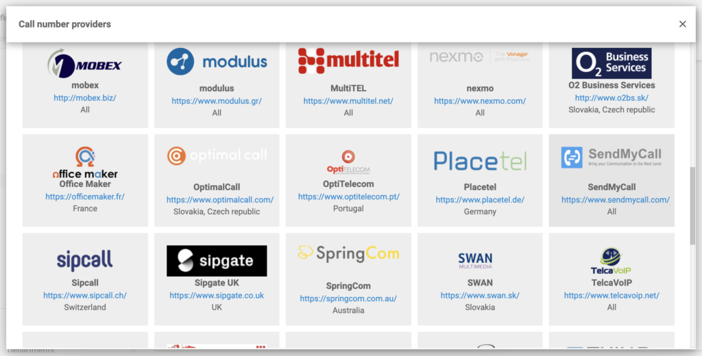 SendMyCall în lista furnizorilor VoIP în configurarea LiveAgent