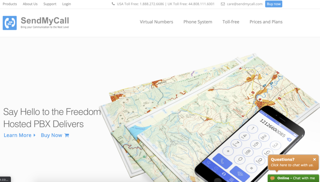Pagina de start SendMyCall cu butonul Cumpără acum în colțul din dreapta sus