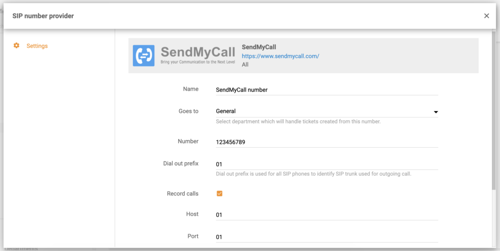 Configurarea numărului SendMyCall în LiveAgent