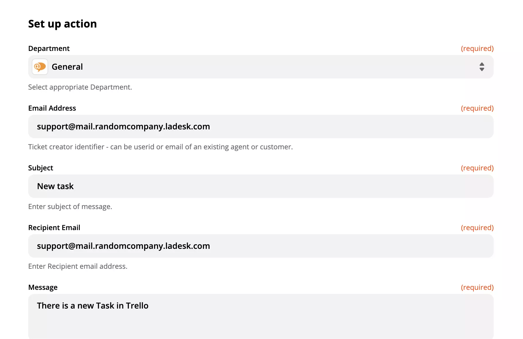 Opțiuni de personalizare ale acțiunii Create Conversation a LiveAgent