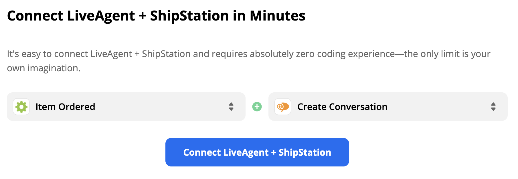 Un declanșator ShipStation Item Ordered și o acțiune LiveAgent Create Conversation în selectarea integrării Zapier