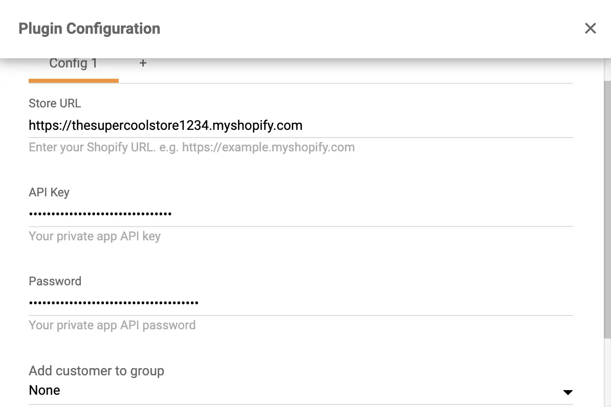 Copiați și lipiți cheia API și parola în configurația plugin-ului Shopify în LiveAgent