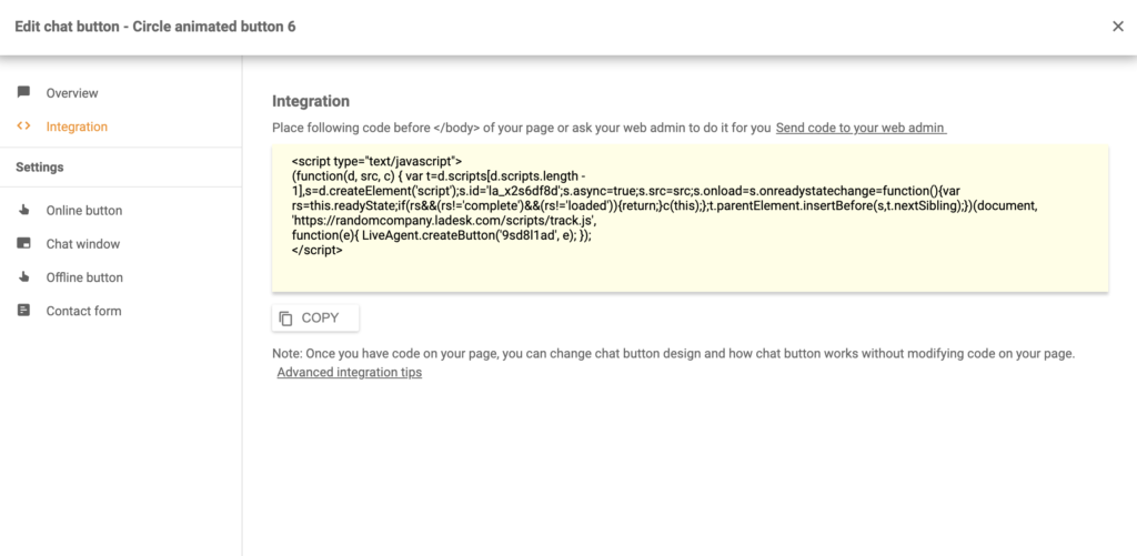 Codul de integrare a butonului de chat Silverstripe în LiveAgent