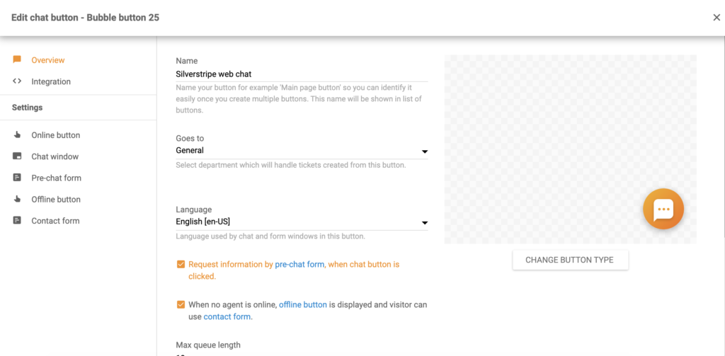 Configurarea butonului de chat Silverstripe în LiveAgent
