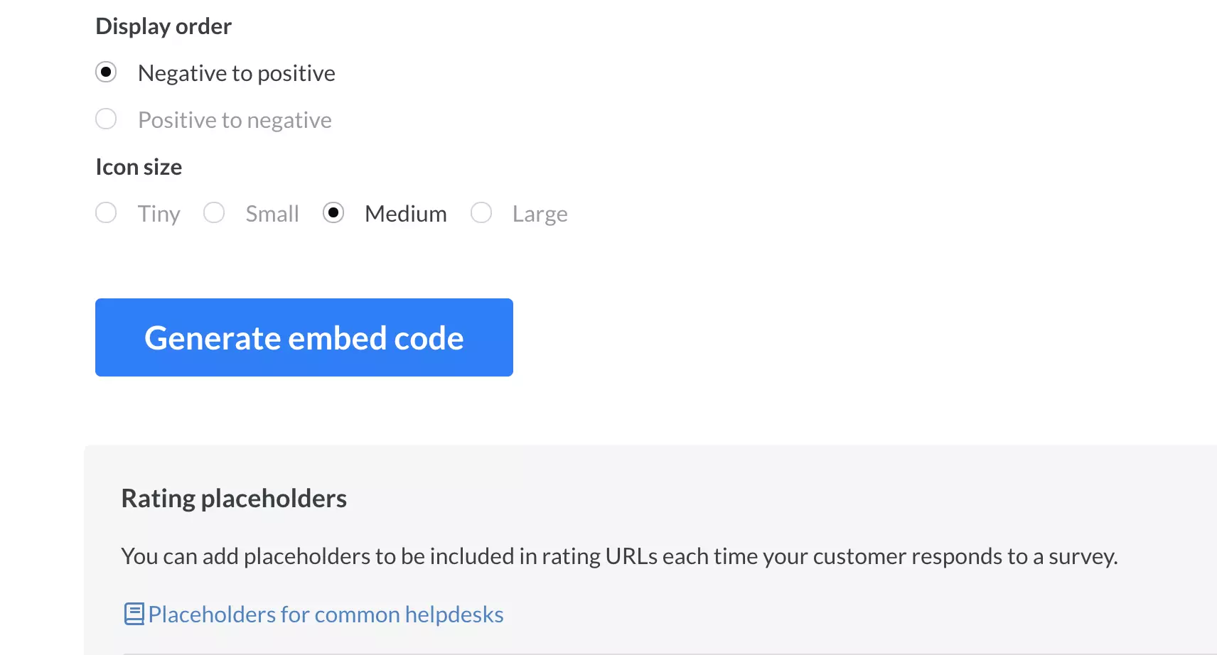 Finalization of survey creation with generate embed code button