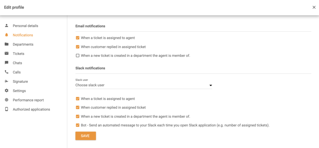 Opțiunile notificărilor Slack în secțiunea Editare profil