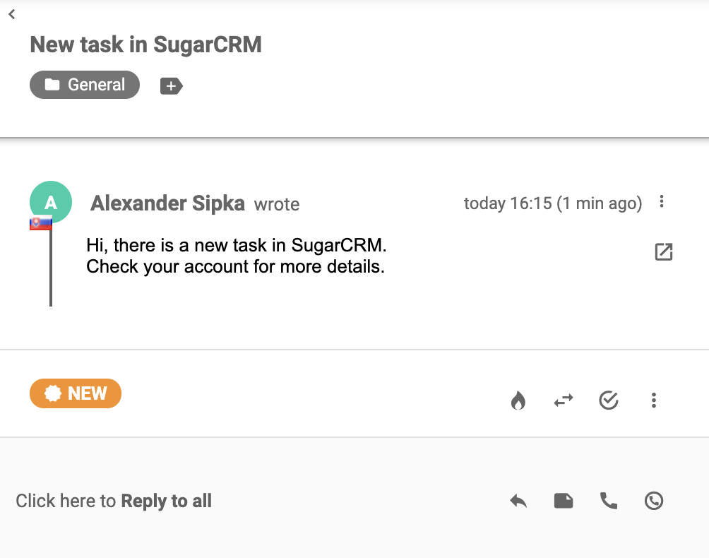Un ticket qui est arrivé dans LiveAgent après une intégration réussie avec SugarCRM