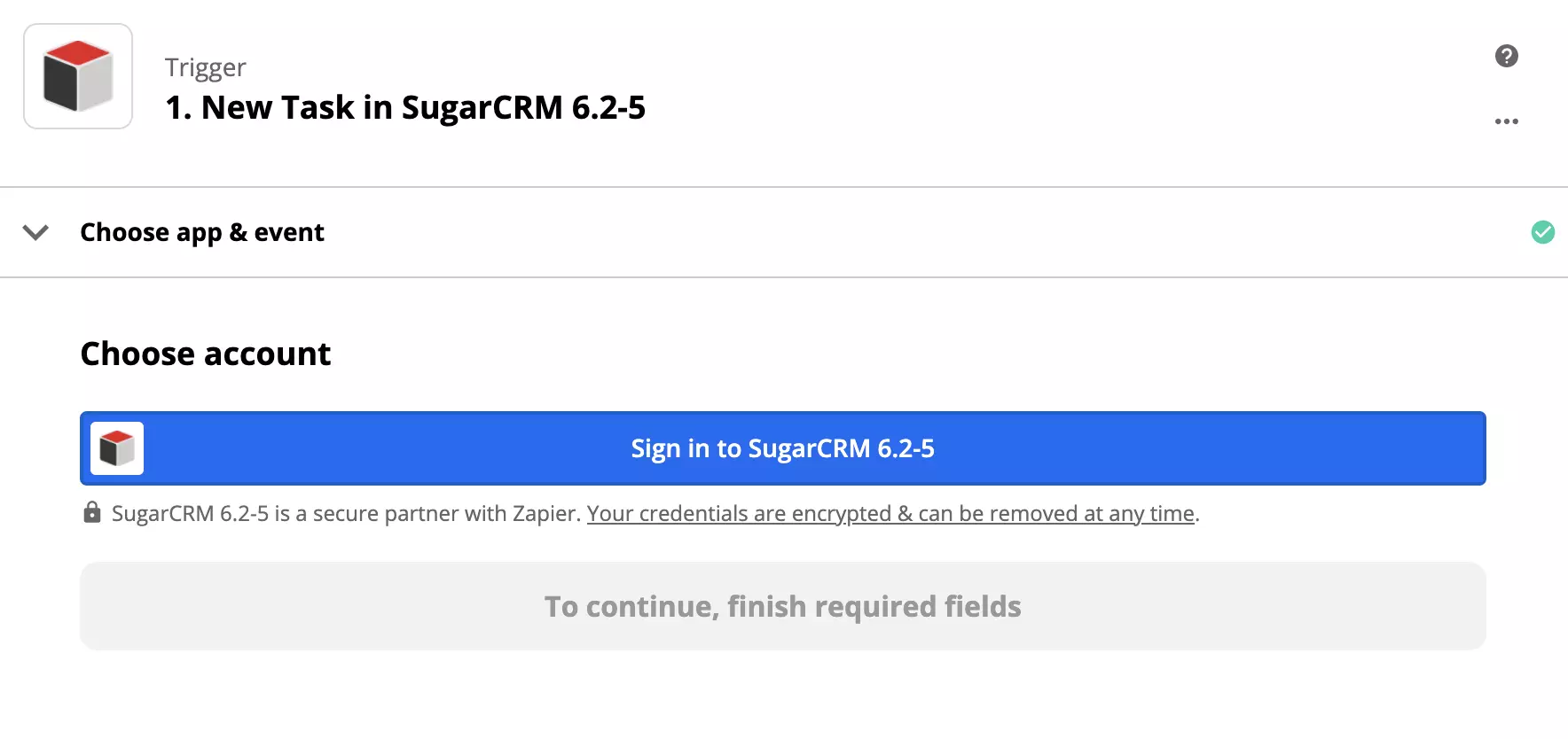 Configuration du déclencheur SugarCRM dans l'intégration Zapier