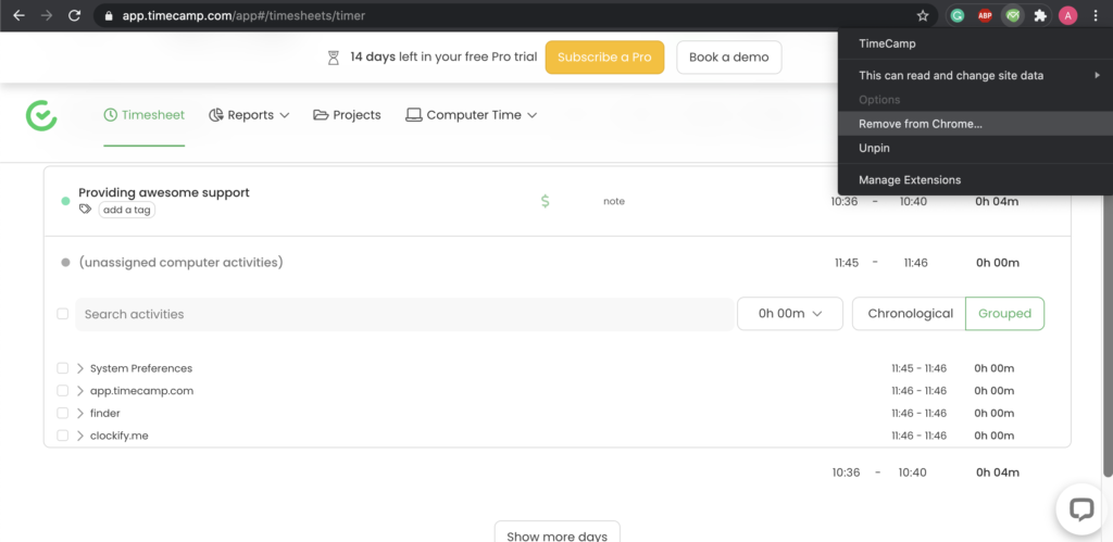 Opțiuni plugin Timecamp în Google Chrome