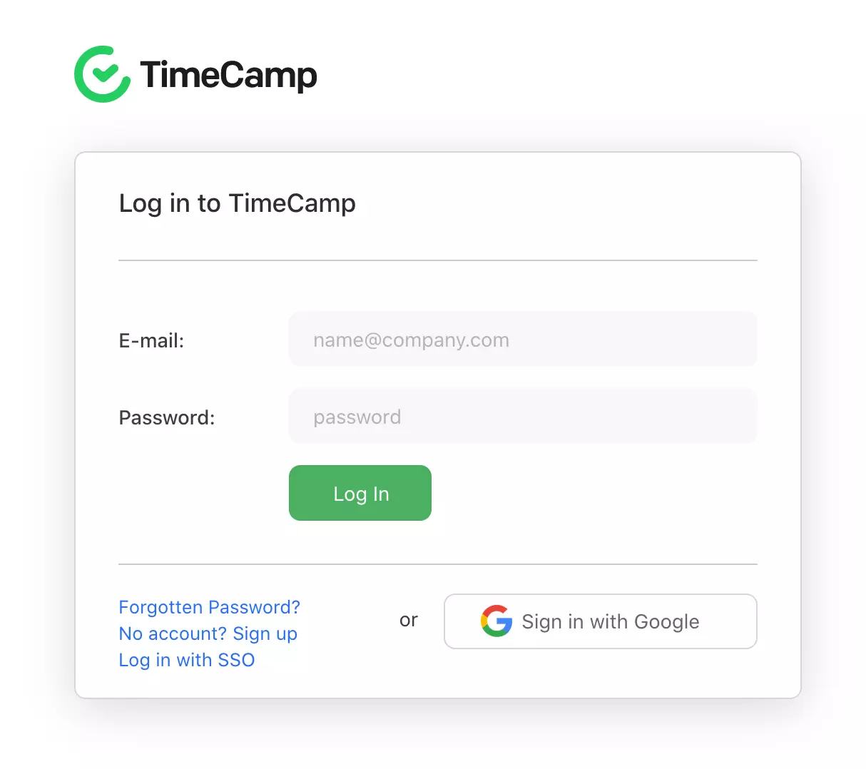 Pagina de conectare TimeCamp