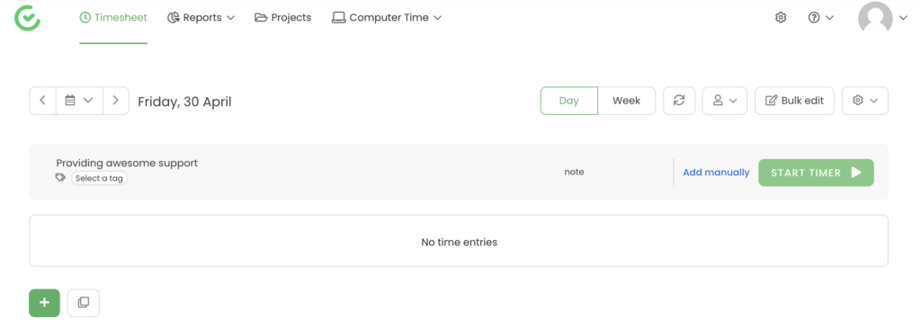 Selectarea proiectului TimeCamp cu cronometru de pornire
