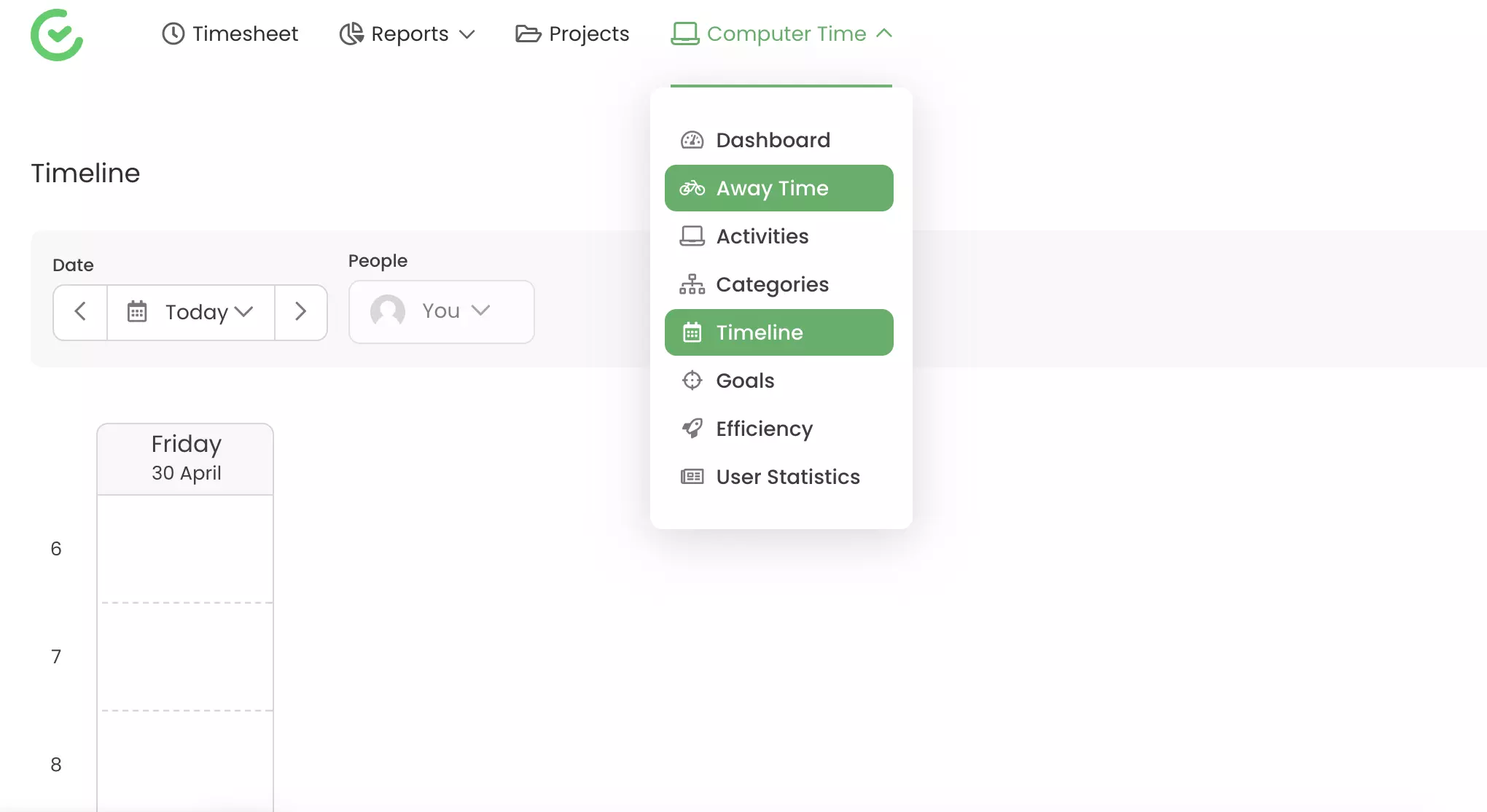 Capacități de urmărire, cum ar fi timp departe și cronologie vizibile în TimeCamp