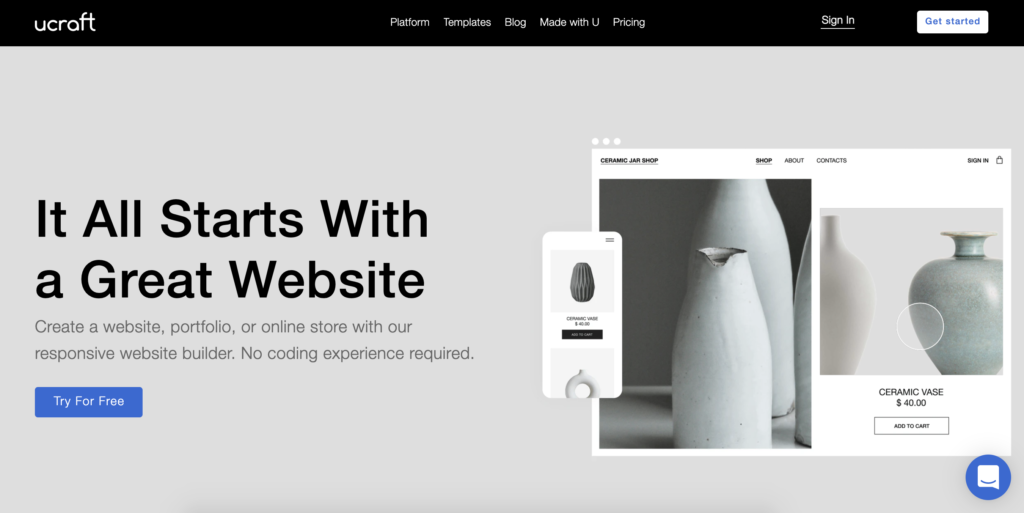 Pagina de pornire Ucraft cu butonul Get Started în colțul din dreapta sus