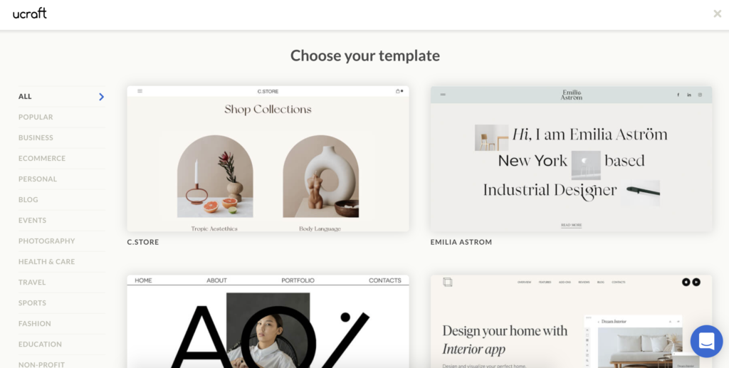 Ecranul de selecție a șablonului Ucraft cu mai multe opțiuni de șabloane