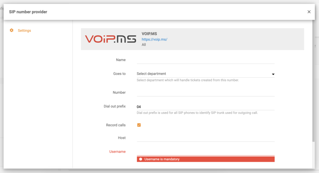 Configurare VoIP.ms în setările de apel LiveAgent