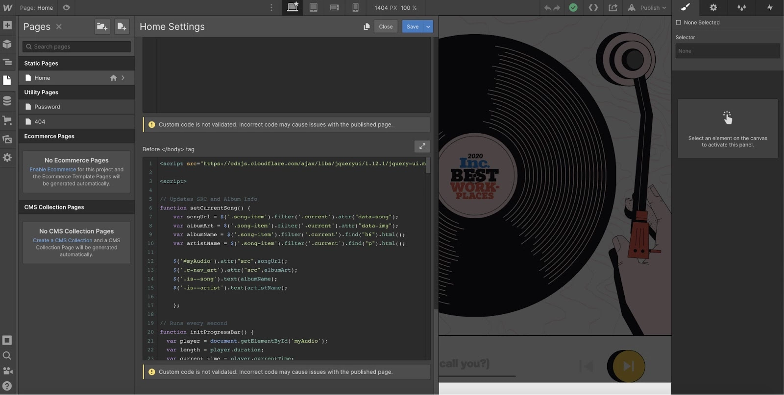 Opțiunea de cod personalizat Webflow în procesul de integrare LiveAgent