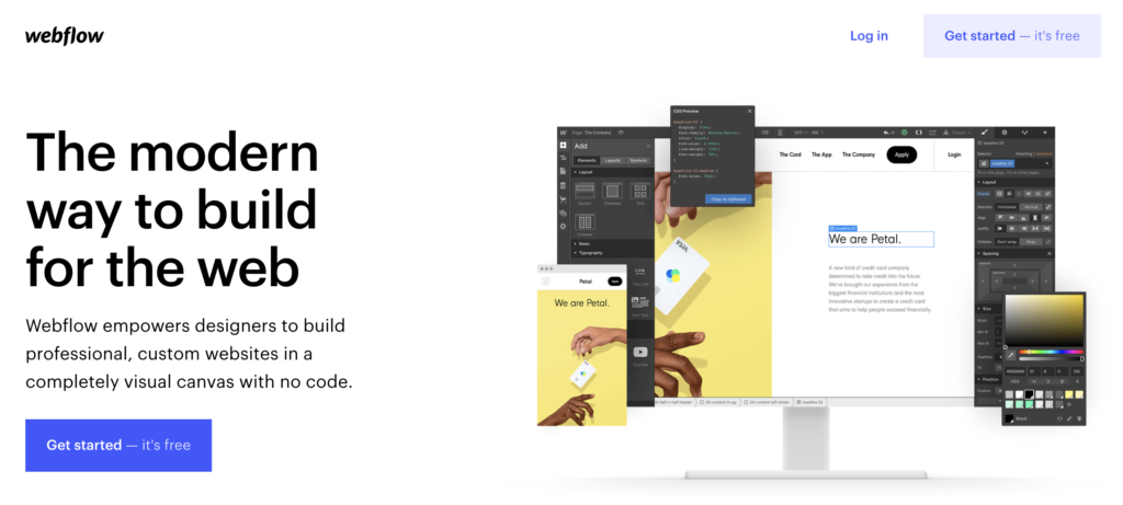 Pagina de start Webflow cu opțiunea de încercare în colțul din dreapta sus