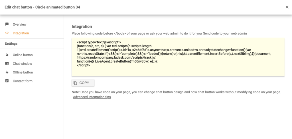 Codul butonului de chat după configurarea cu succes în LiveAgent