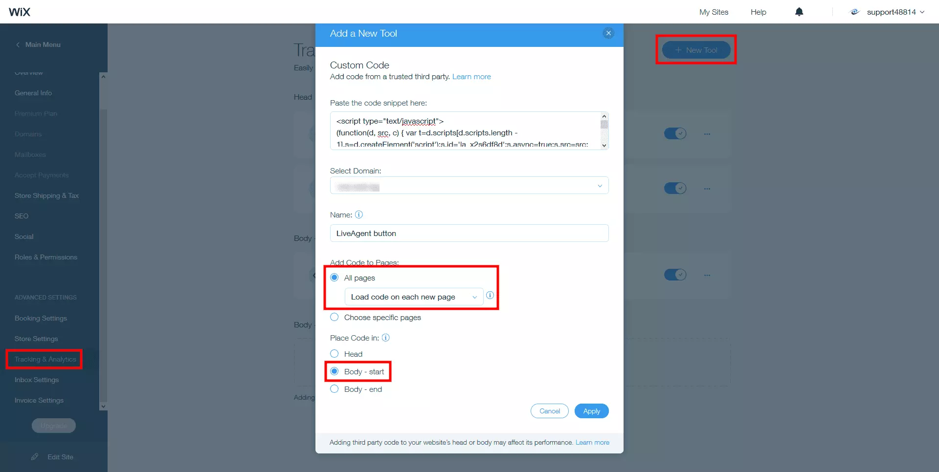 Plasați codul de chat live LiveAgent în corpul site-ului Wix
