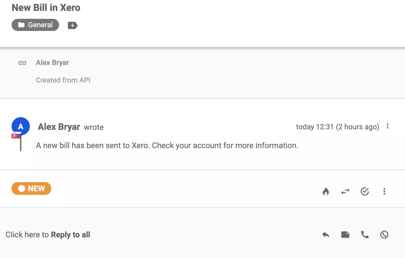 O conversație nouă trimisă la sistemul de ticketing LiveAgent după integrarea reușită cu Xero