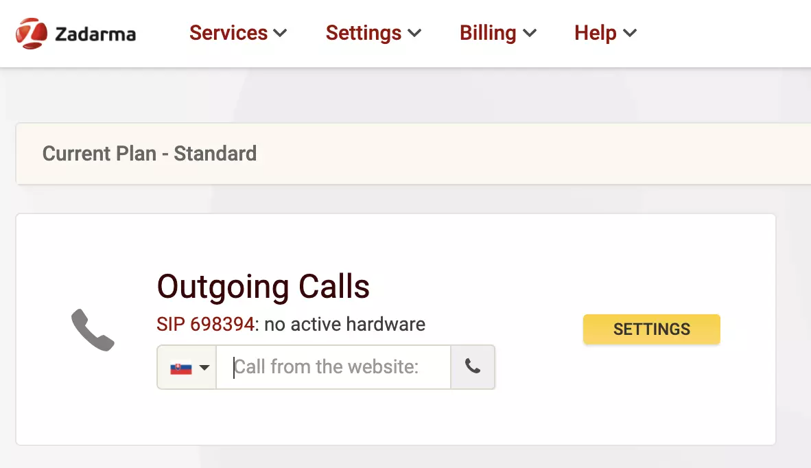 Site-ul furnizorului VoIP Zadarma cu opțiunea de apel