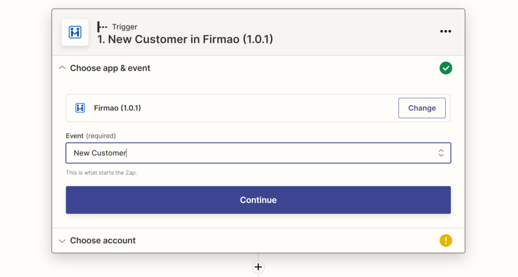 Selectarea unui eveniment Firmao în timpul configurării integrării pe Zapier