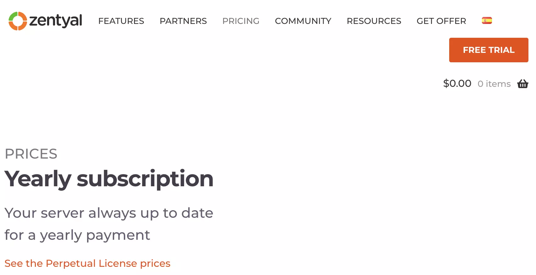 Secțiunea planurilor plătite Zentyal pe site-ul Zentyal