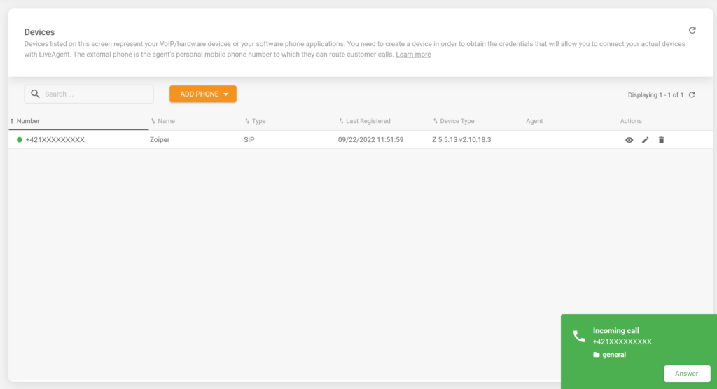 O imagine care arată un apel primit într-un softphone Zoiper integrat cu succes cu software-ul help desk LiveAgent