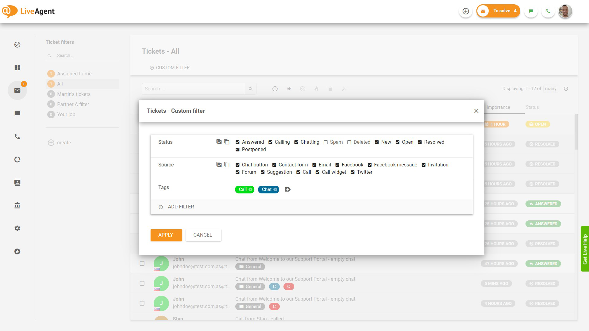Funcția de filtrare a biletelor după etichete în LiveAgent
