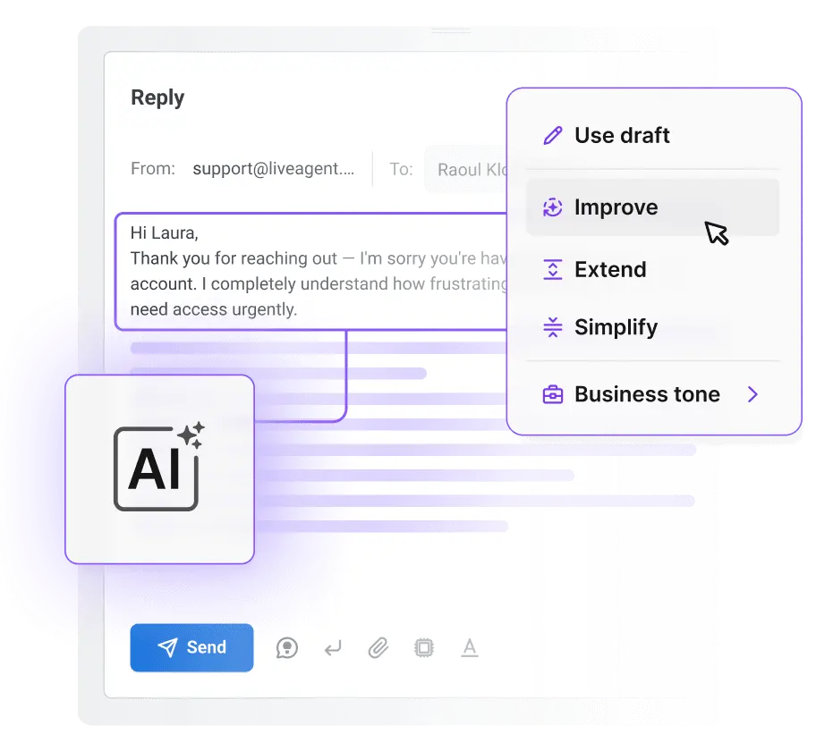 AI Answer Composer redactând un răspuns de help desk