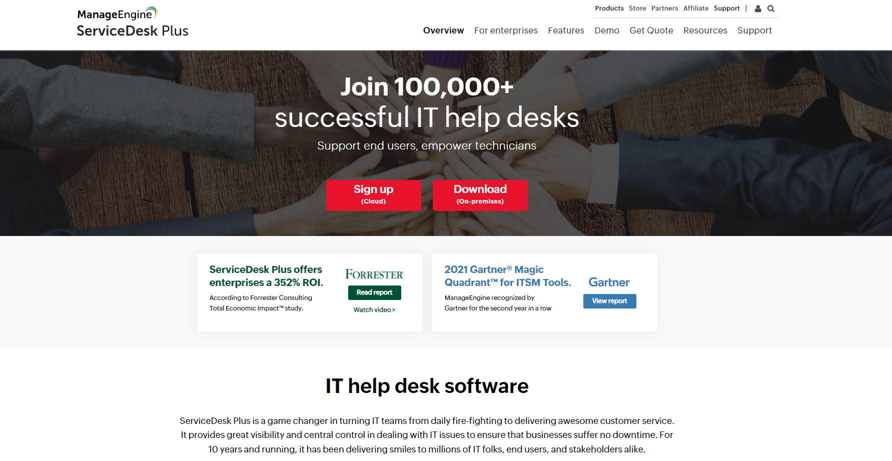 Pagina de pornire a software de ticketing IT ManageEngine Service Desk Plus