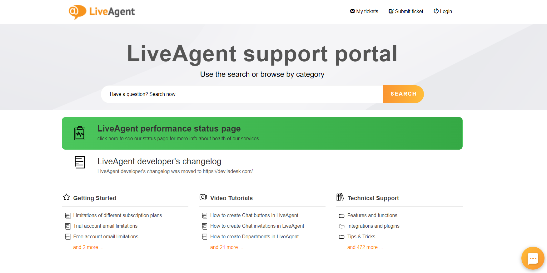 LiveAgent customer portal with articles organized based on different categories