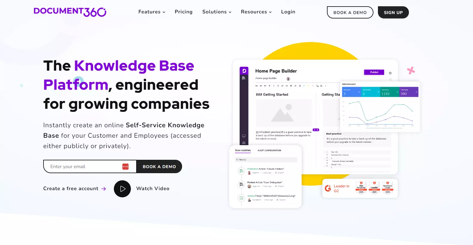Instantaneu al paginii de pornire a Document360 concentrând-se pe caracteristicile cheie