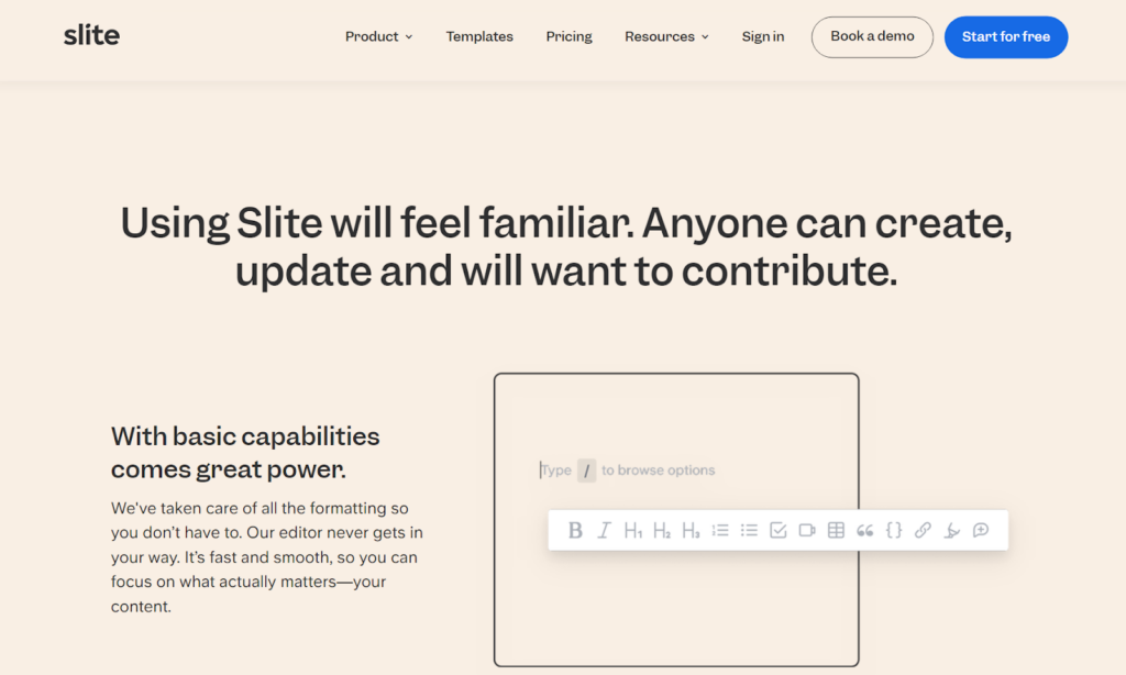 Pagina de pornire a bazei de cunoștințe Slite