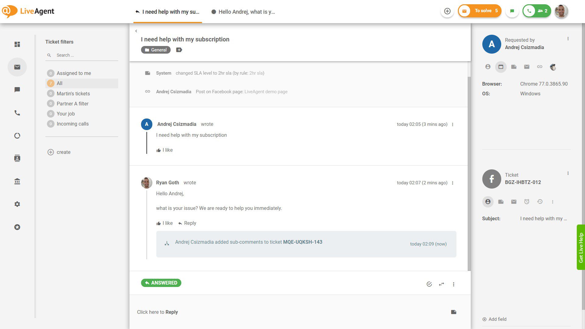 Comentariu Facebook - vizualizare în LiveAgent