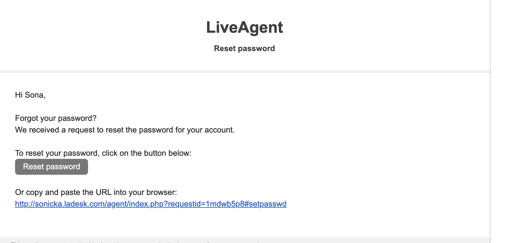 Email resetare parola LiveAgent