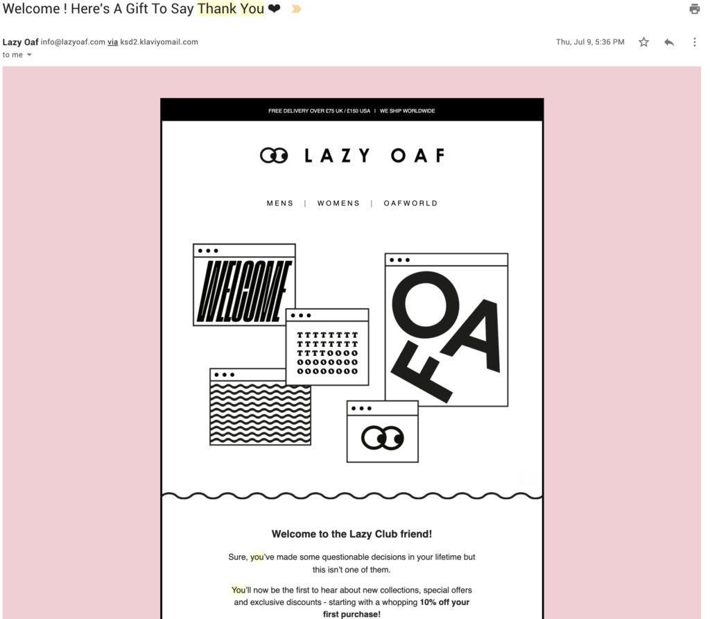 Șablon de e-mail de apreciere a clienților Lazy Oaf