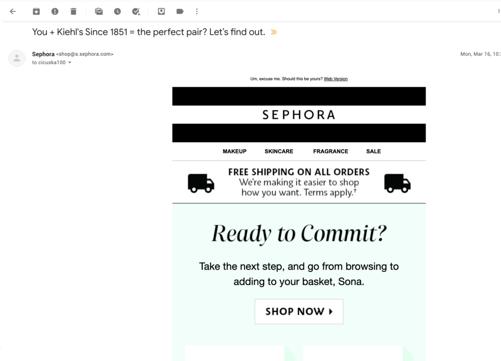 Exemplu de e-mail de abandonare a coșului de cumpărături de la Sephora