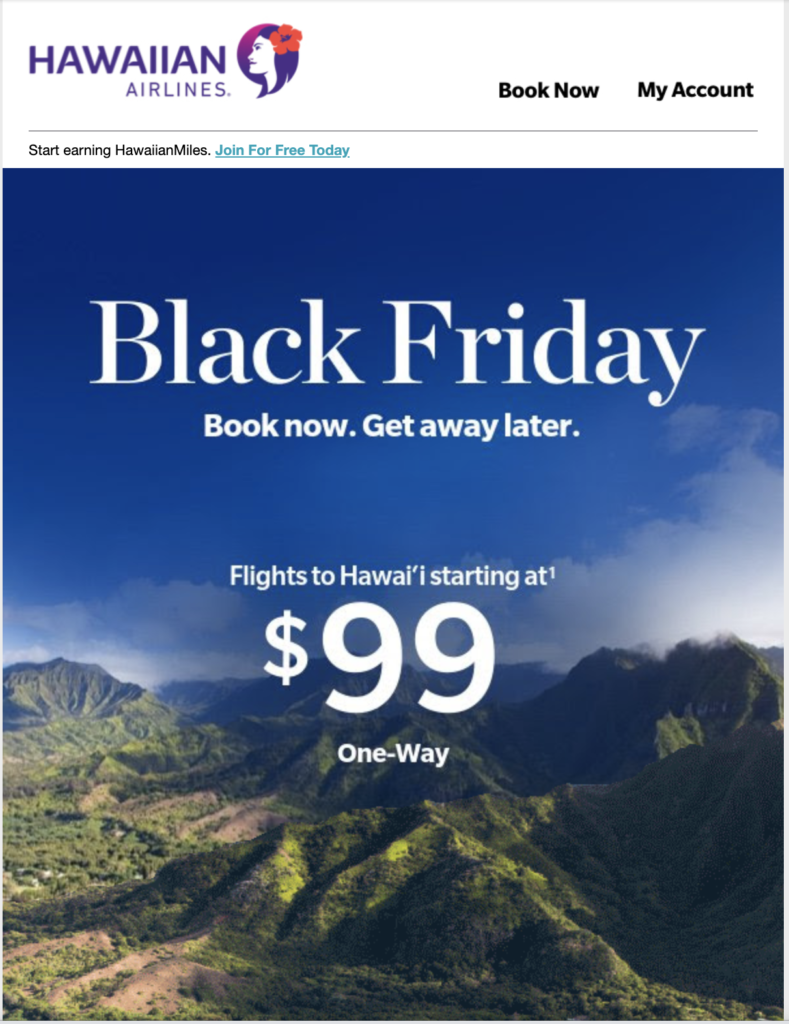 Campania de email Black Friday a Hawaiian Airlines