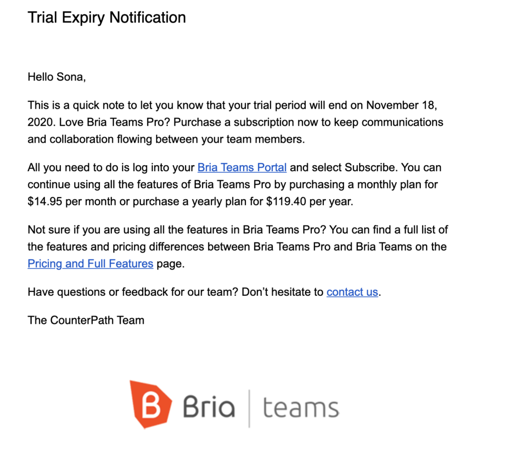 Bria upgrade email template