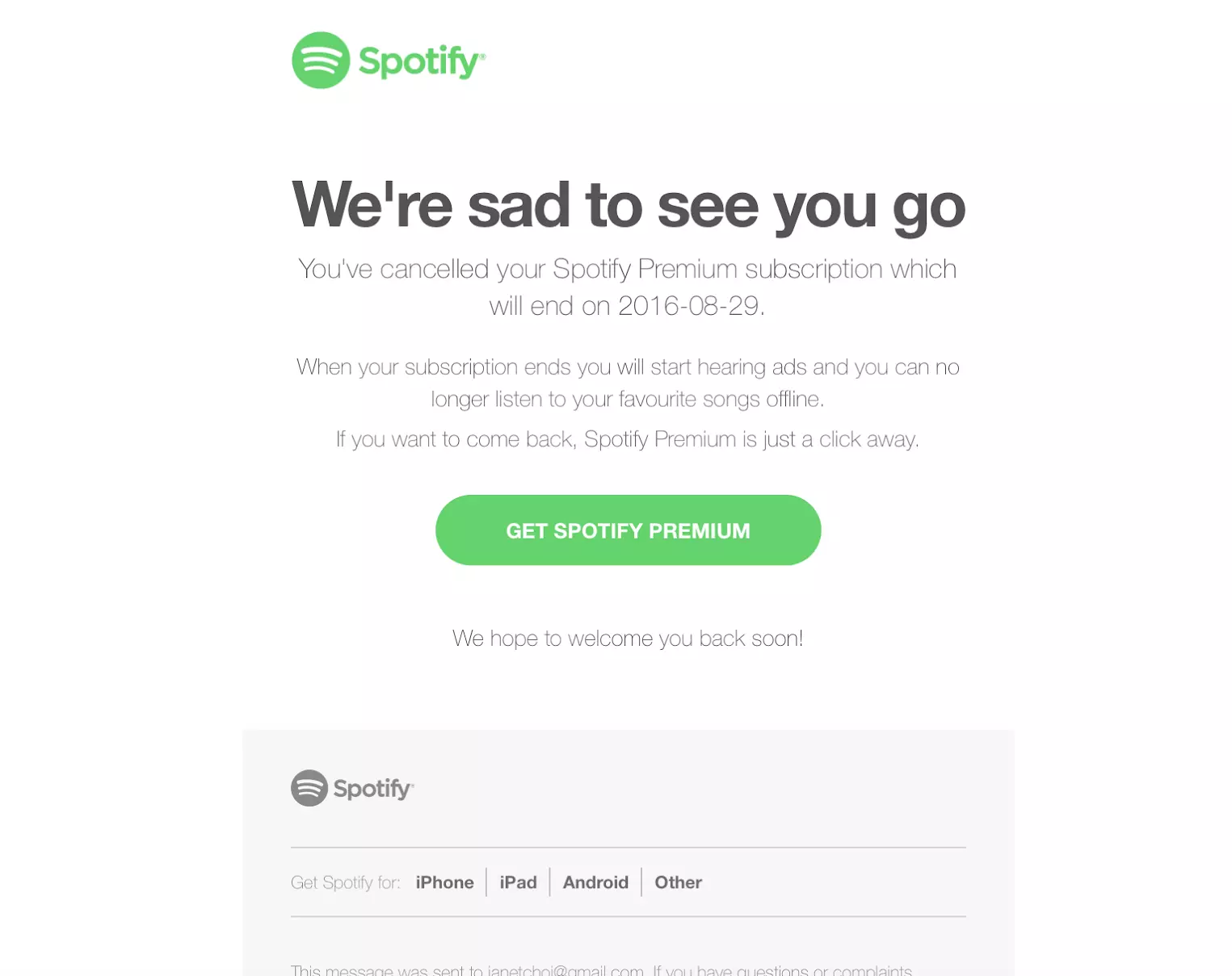 Exemplu de e-mail de anulare Spotify