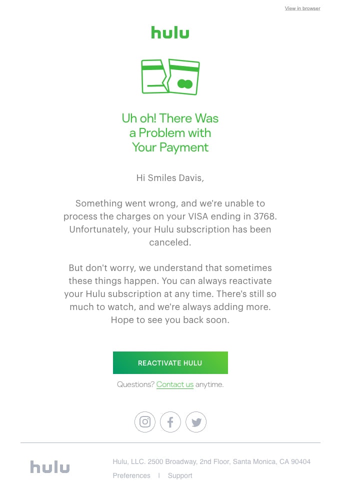 Exemplu de e-mail de anulare a abonamentului Hulu