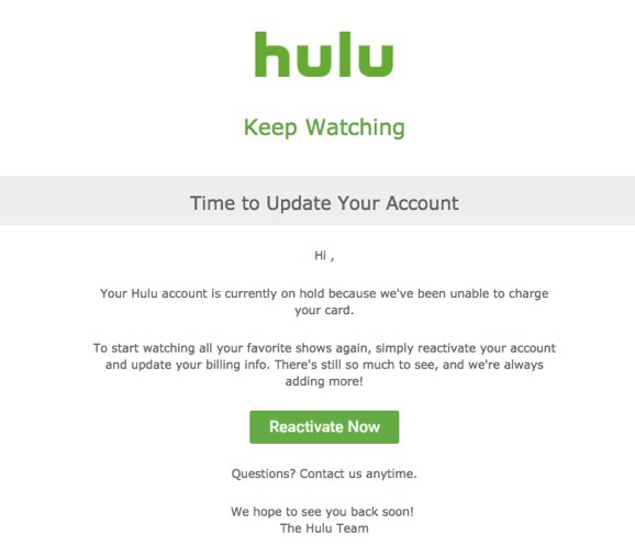 Exemplu de e-mail de dunning Hulu