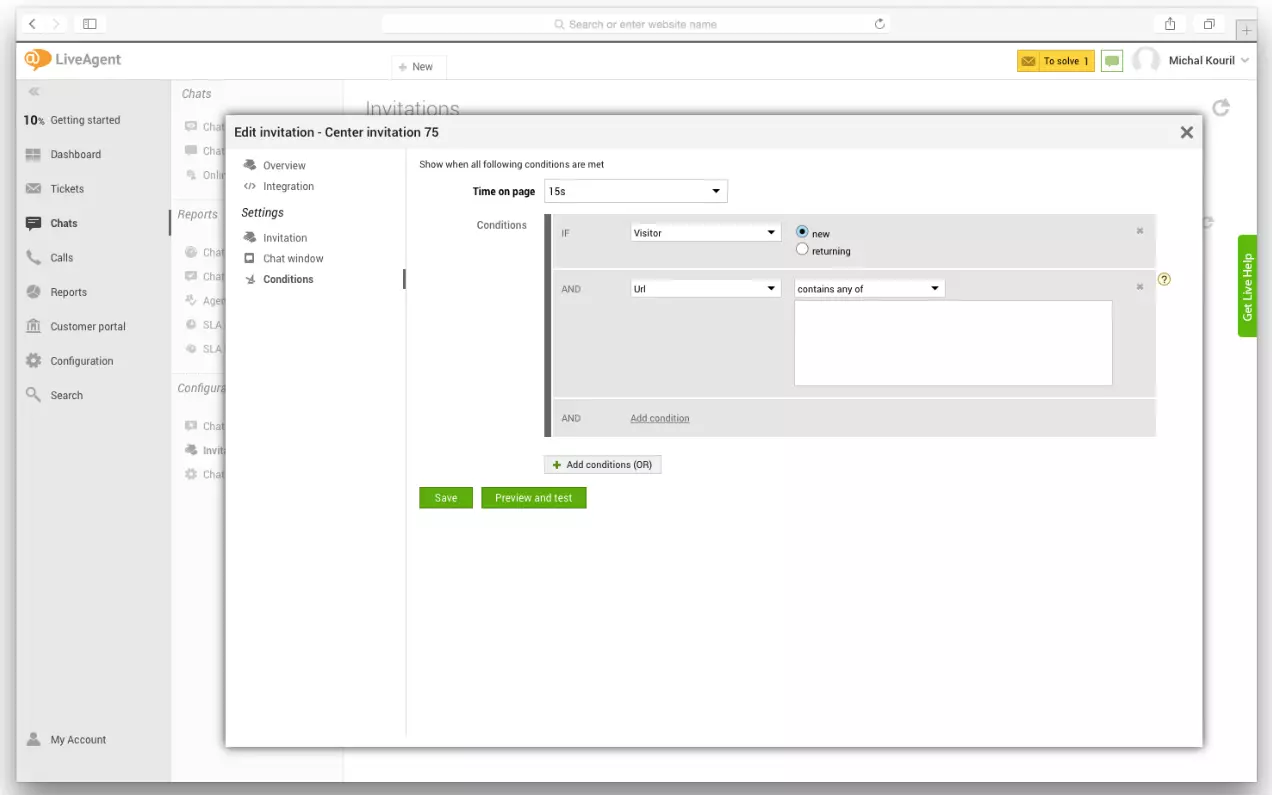 Setări LiveAgent prezentând cum să configurezi declanșatori de chat proactiv