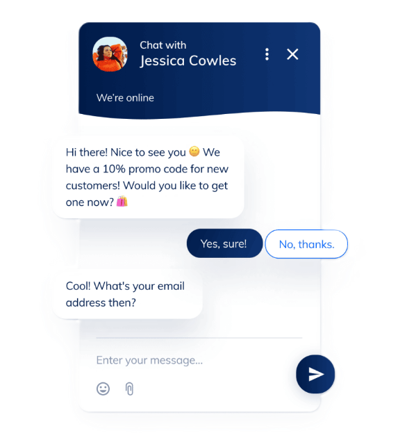 Interfață de chat în direct oferind un cod promo și solicitând e-mailul utilizatorului