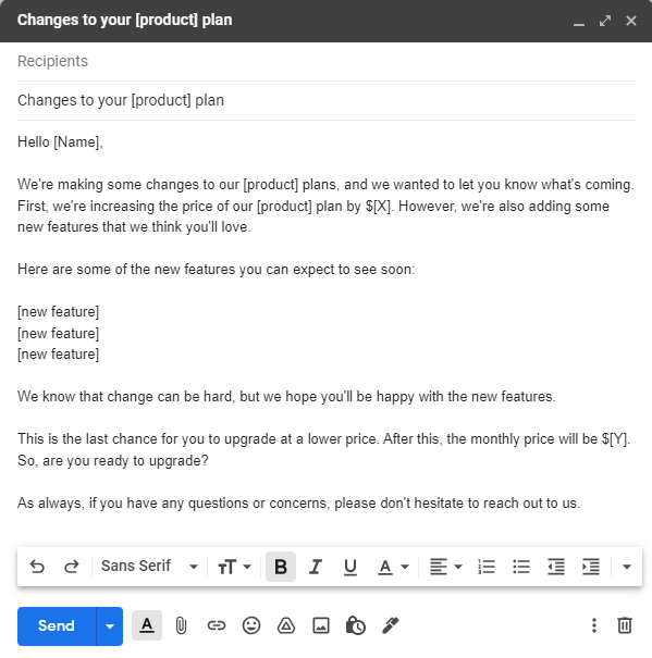 Șablon de email promițional despre upgrade de plan